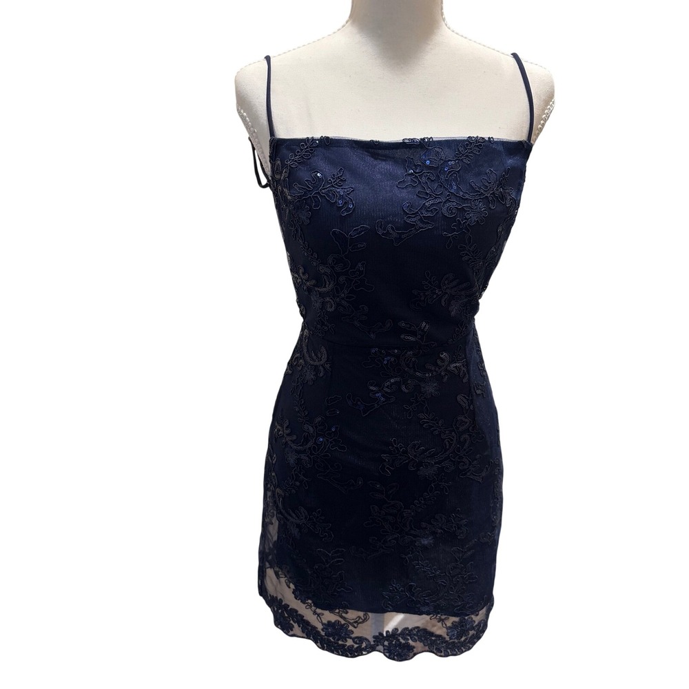 Lucy in the Sky Navy Blue Lace Sequin Mini Dress Open Back Size S